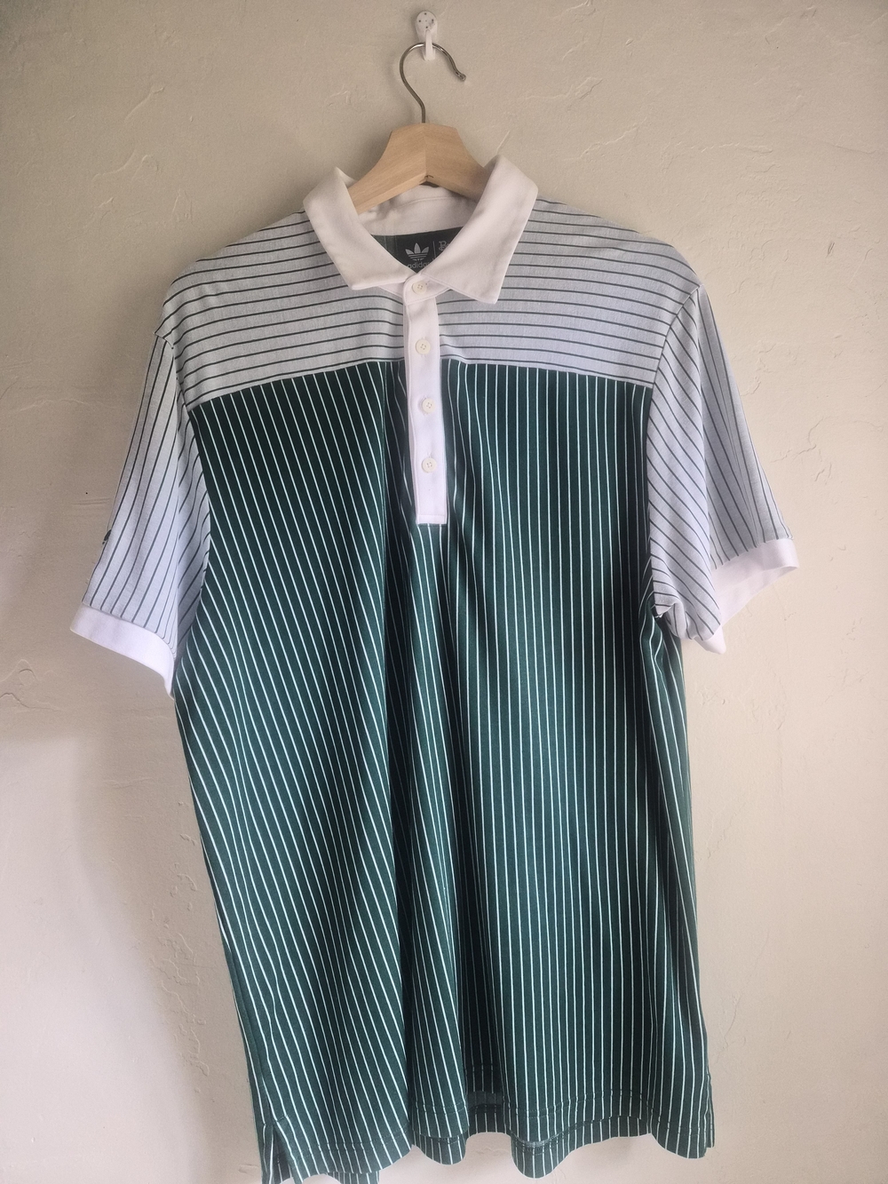 adidas Green and White Striped Contrast-Yoke Polo